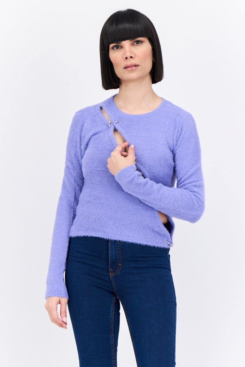 Asos Design Women Crew Neck Faux Fur Sweater, Lilac - Image 1